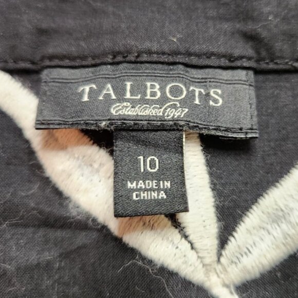 Womens Top Talbots Black White Leaf floral Cotton Blend 3/4 Sleeve Size 10 - Picture 2 of 8